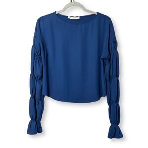 Amanda Uprichard Ruched Ruffle Sleeve Blouse Blue Top Shirt USA SIZE XS